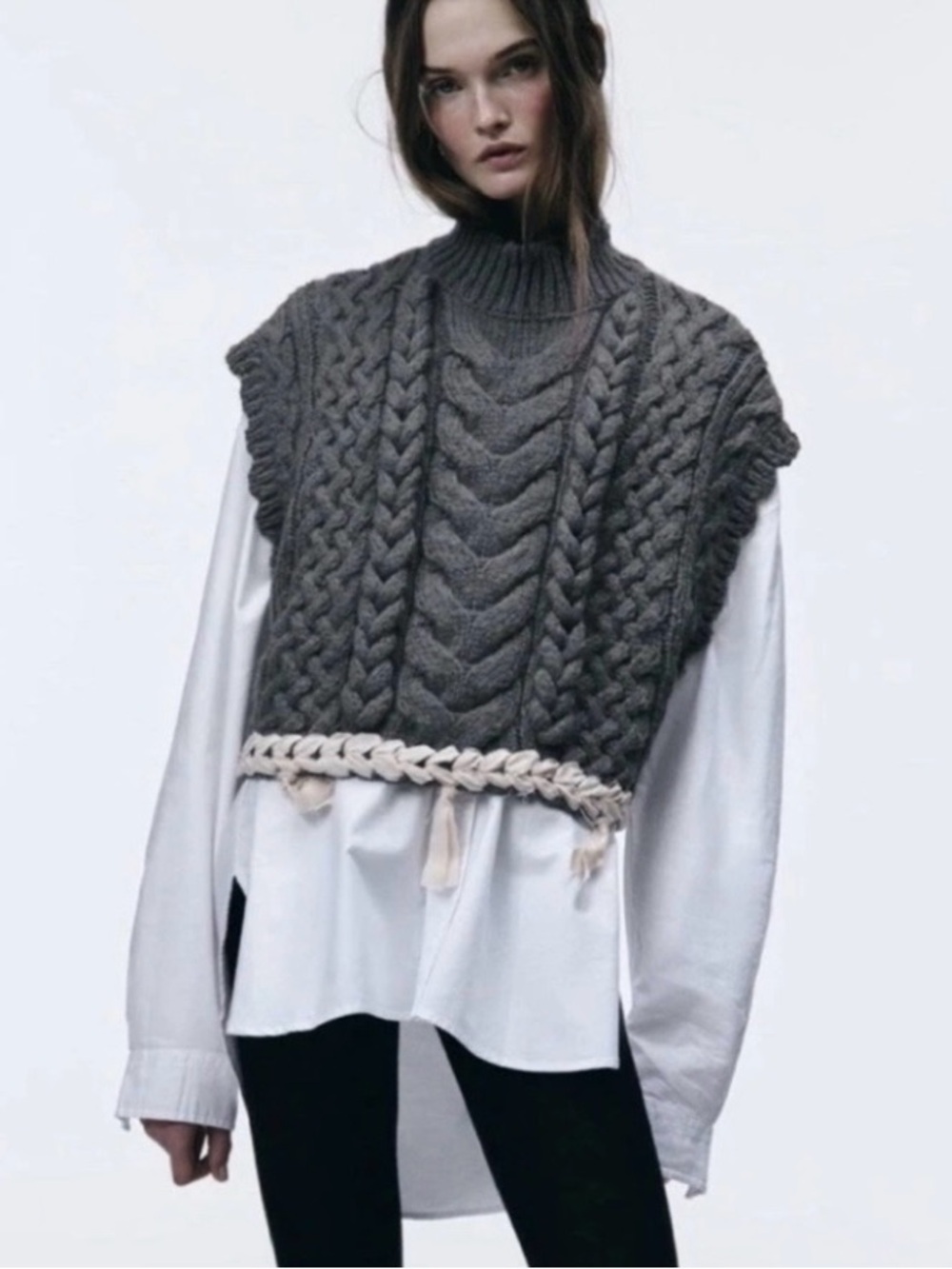 Zara Charcoal Cable-Knit Mock Neck Sleeveless Crew Sweater Vest, size xs-s - Picture 10 of 11